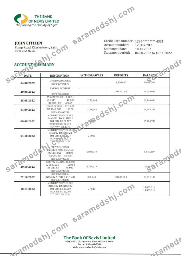 Saint Kitts and Nevis The Bank of Nevis bank statement
